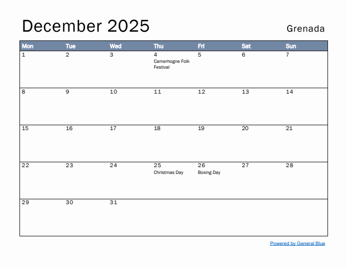 December 2025 Simple Monthly Calendar for Grenada