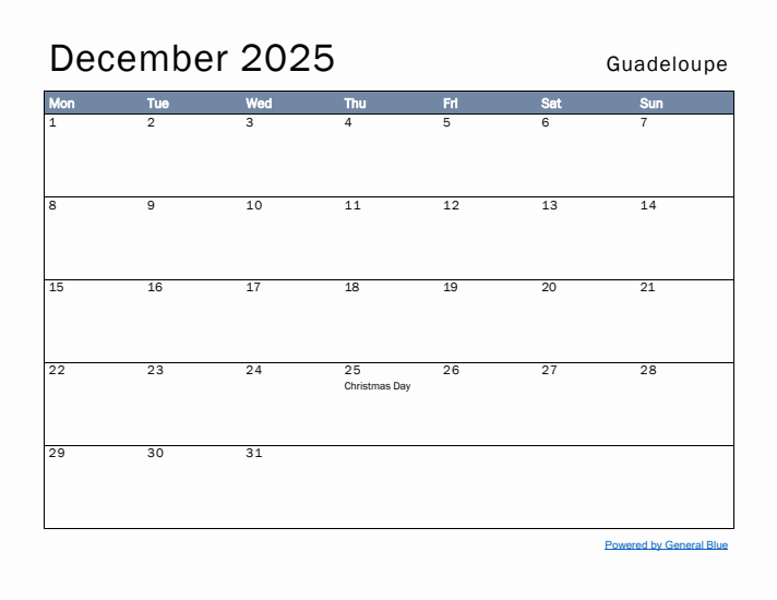 December 2025 Simple Monthly Calendar for Guadeloupe