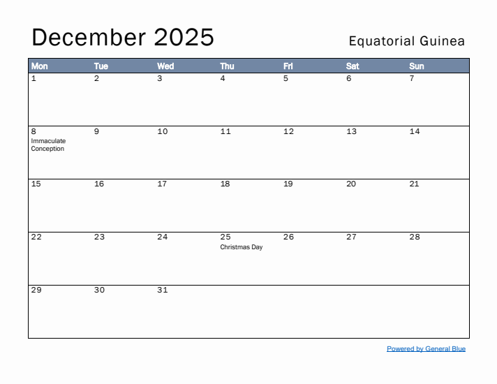 December 2025 Simple Monthly Calendar for Equatorial Guinea