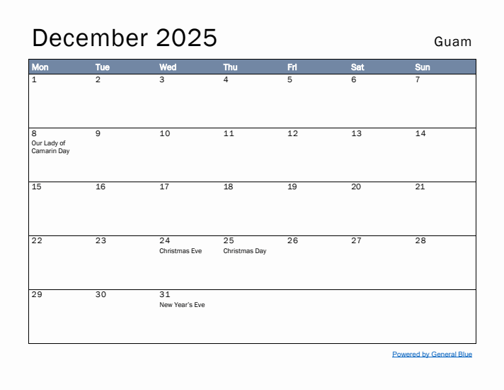 December 2025 Simple Monthly Calendar for Guam