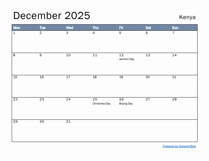 December 2025 Simple Monthly Calendar for Kenya