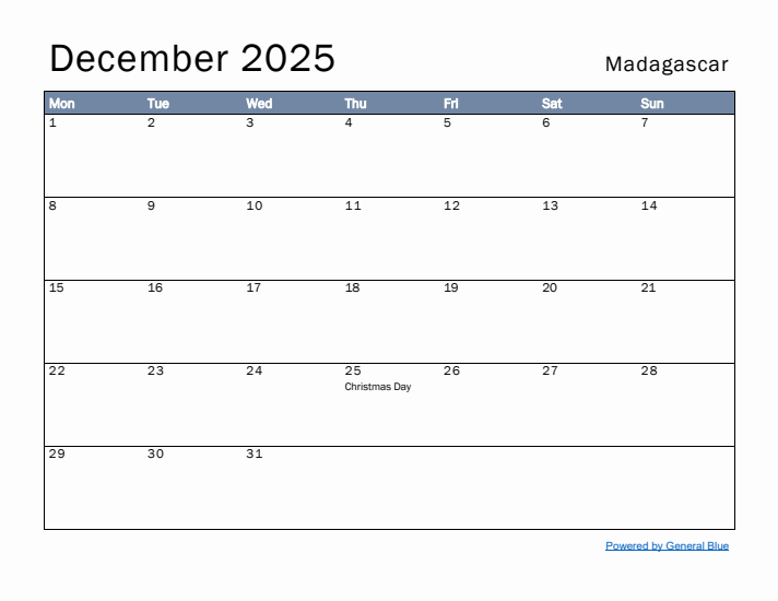 December 2025 Simple Monthly Calendar for Madagascar