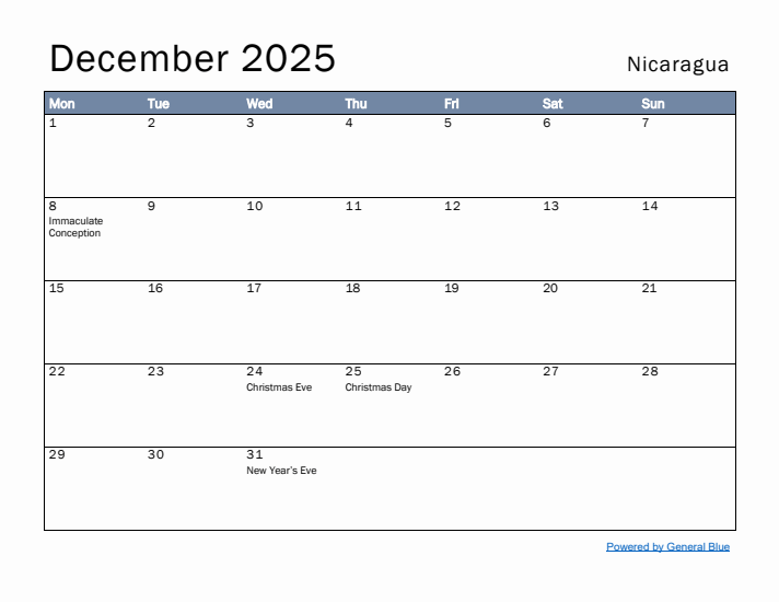 December 2025 Simple Monthly Calendar for Nicaragua