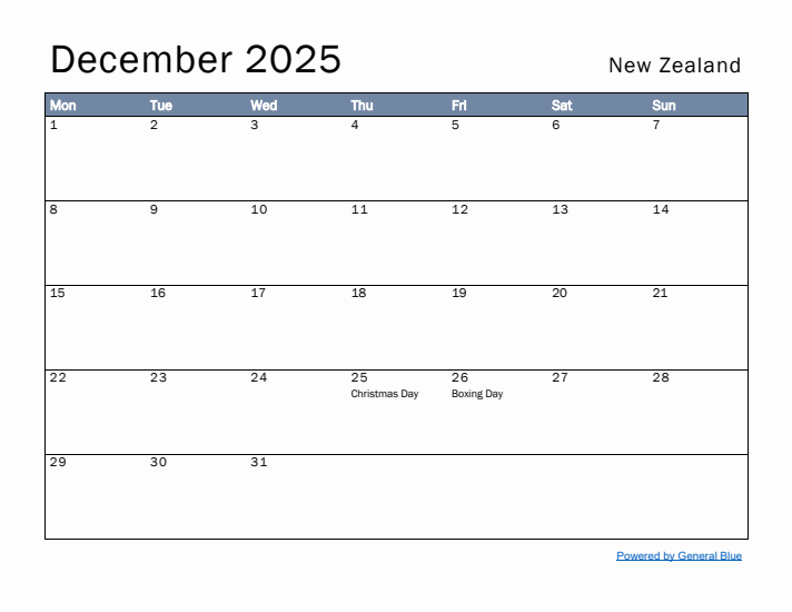 December 2025 Simple Monthly Calendar for New Zealand