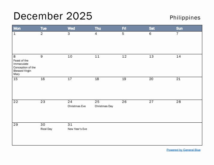 December 2025 Simple Monthly Calendar for Philippines