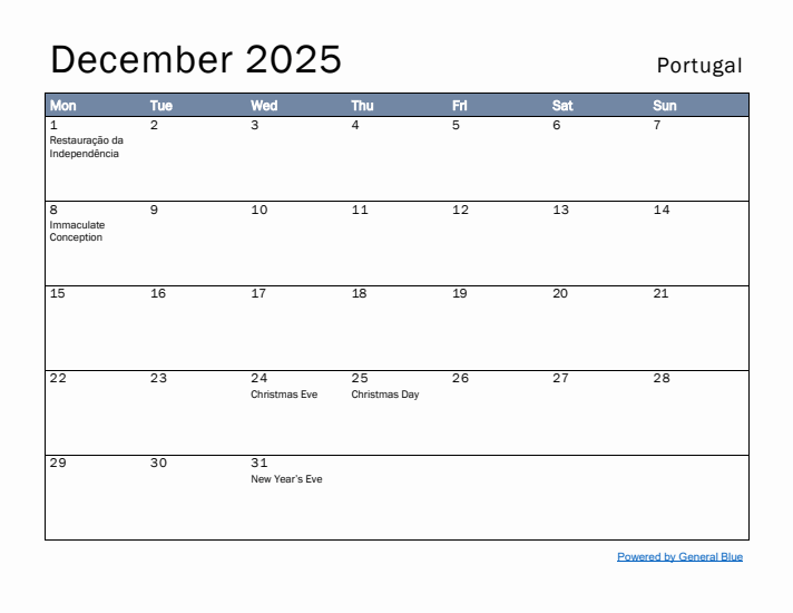 December 2025 Simple Monthly Calendar for Portugal