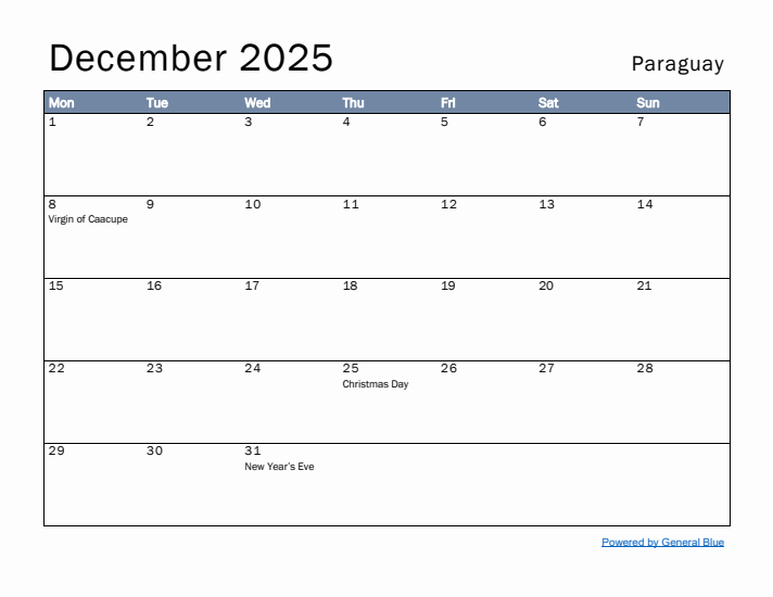 December 2025 Simple Monthly Calendar for Paraguay