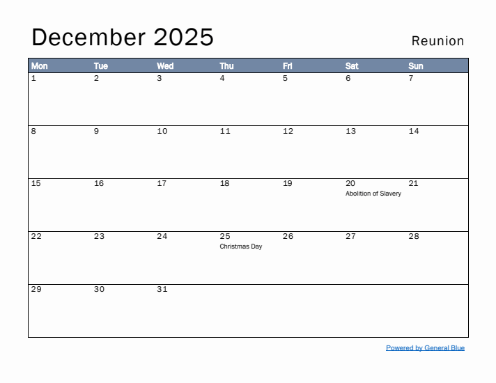 December 2025 Simple Monthly Calendar for Reunion