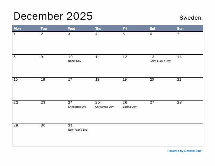 December 2025 Simple Monthly Calendar for Sweden