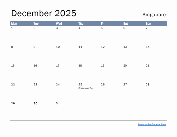 December 2025 Simple Monthly Calendar for Singapore