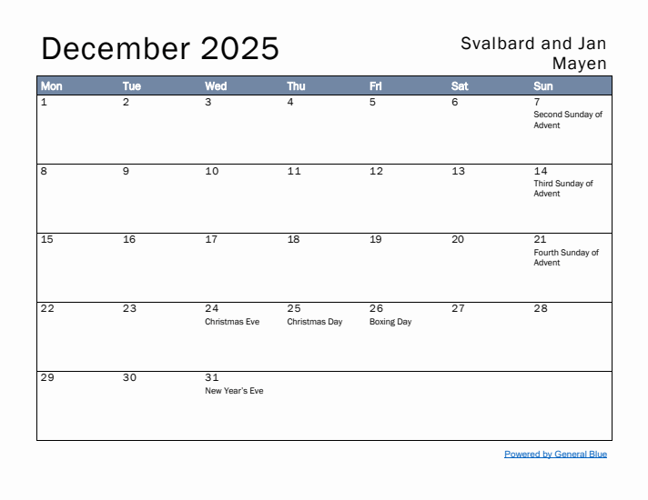 December 2025 Simple Monthly Calendar for Svalbard and Jan Mayen