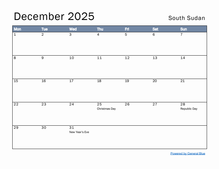 December 2025 Simple Monthly Calendar for South Sudan