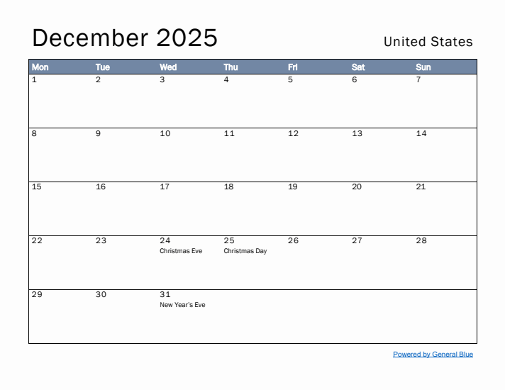 December 2025 Simple Monthly Calendar for United States