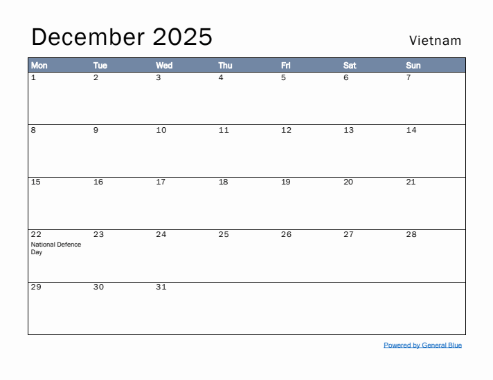 December 2025 Simple Monthly Calendar for Vietnam