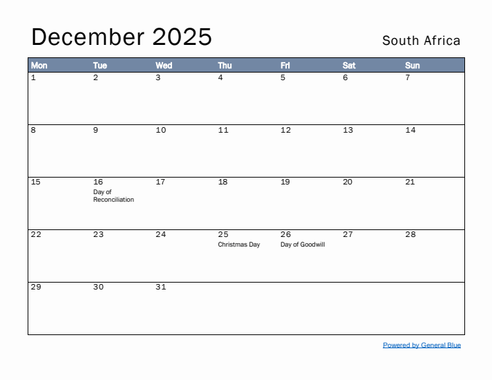 December 2025 Simple Monthly Calendar for South Africa