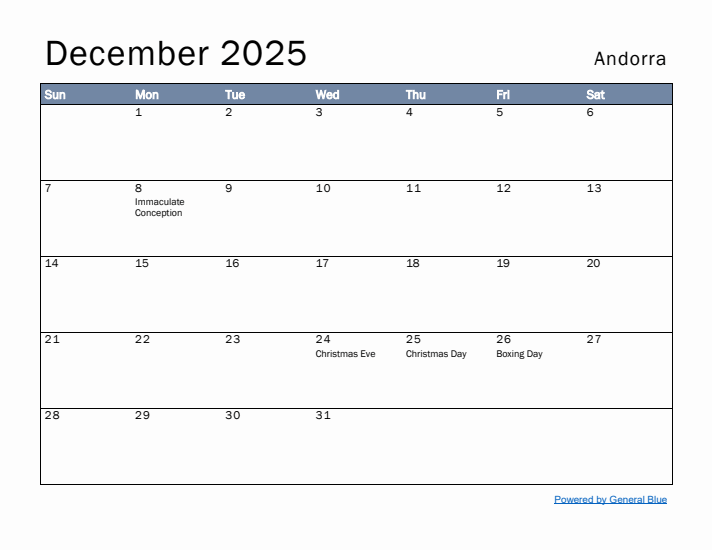 December 2025 Simple Monthly Calendar for Andorra