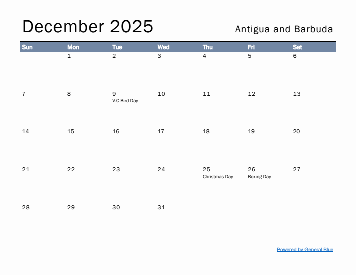 December 2025 Simple Monthly Calendar for Antigua and Barbuda