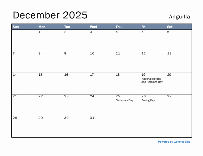 December 2025 Simple Monthly Calendar for Anguilla