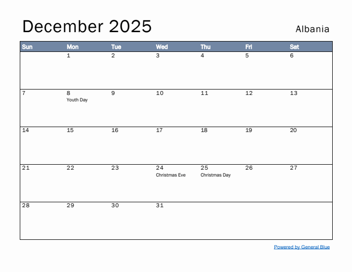 December 2025 Simple Monthly Calendar for Albania