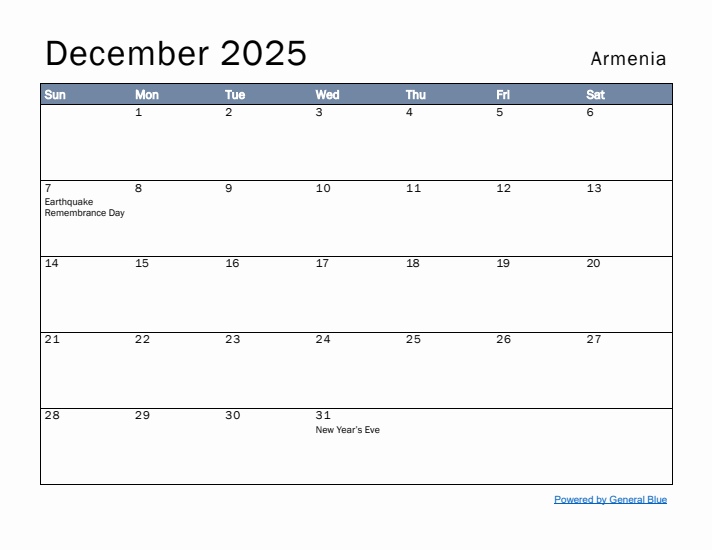 December 2025 Simple Monthly Calendar for Armenia