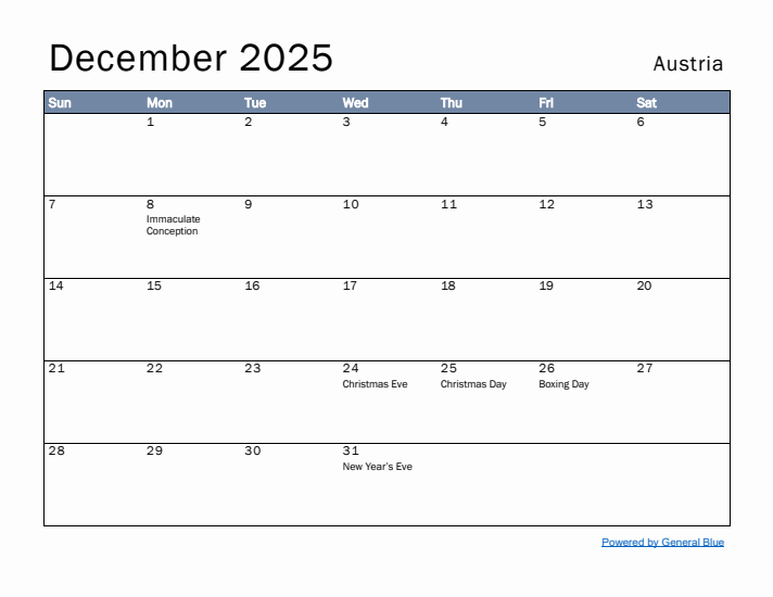 December 2025 Simple Monthly Calendar for Austria