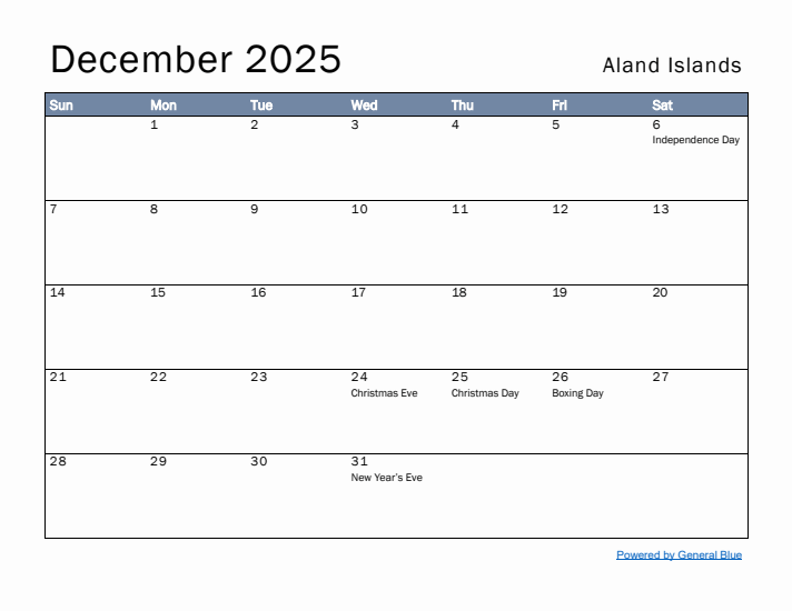 December 2025 Simple Monthly Calendar for Aland Islands