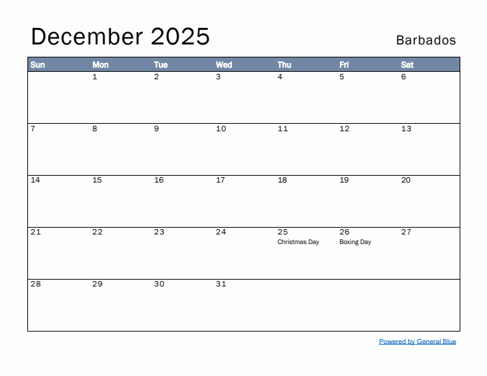 December 2025 Simple Monthly Calendar for Barbados