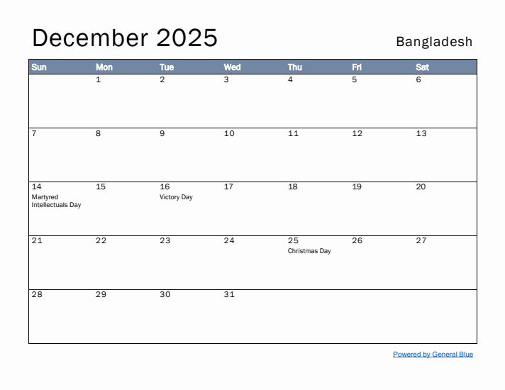 December 2025 Simple Monthly Calendar for Bangladesh