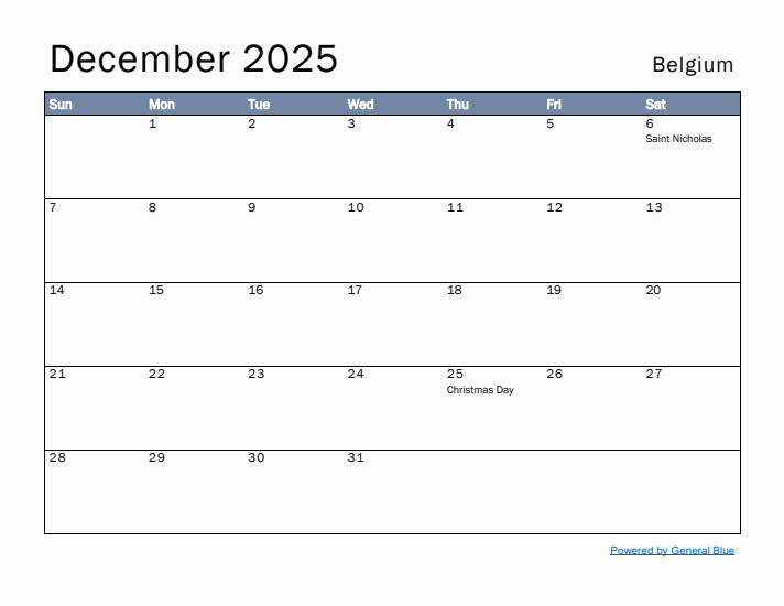 December 2025 Simple Monthly Calendar for Belgium