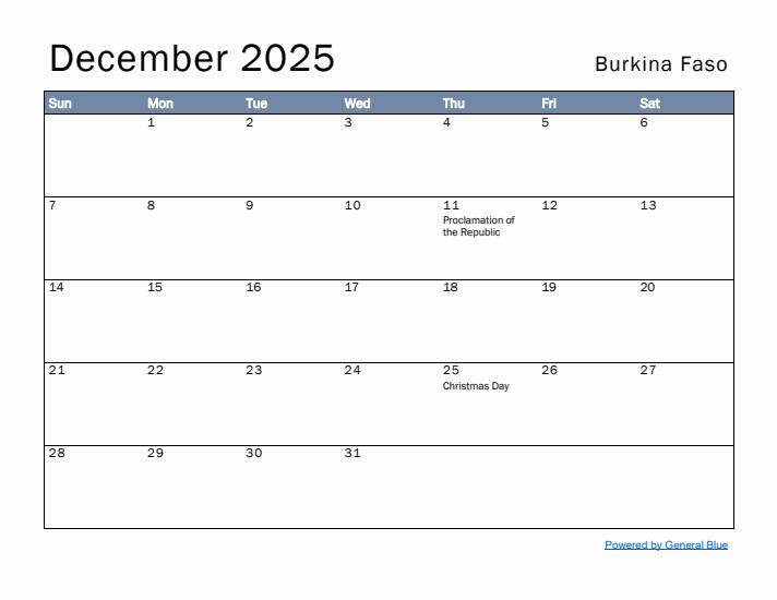 December 2025 Simple Monthly Calendar for Burkina Faso