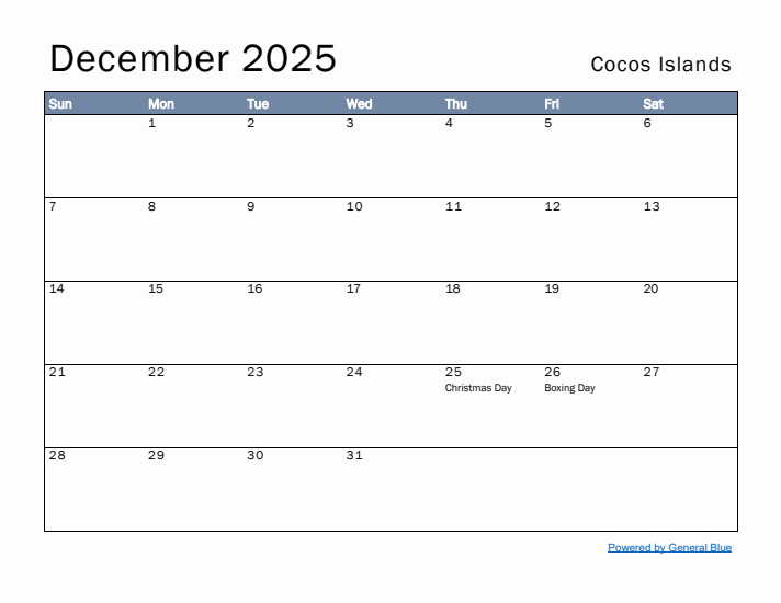 December 2025 Simple Monthly Calendar for Cocos Islands