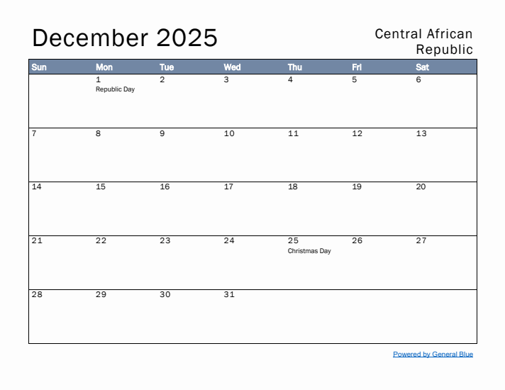 December 2025 Simple Monthly Calendar for Central African Republic