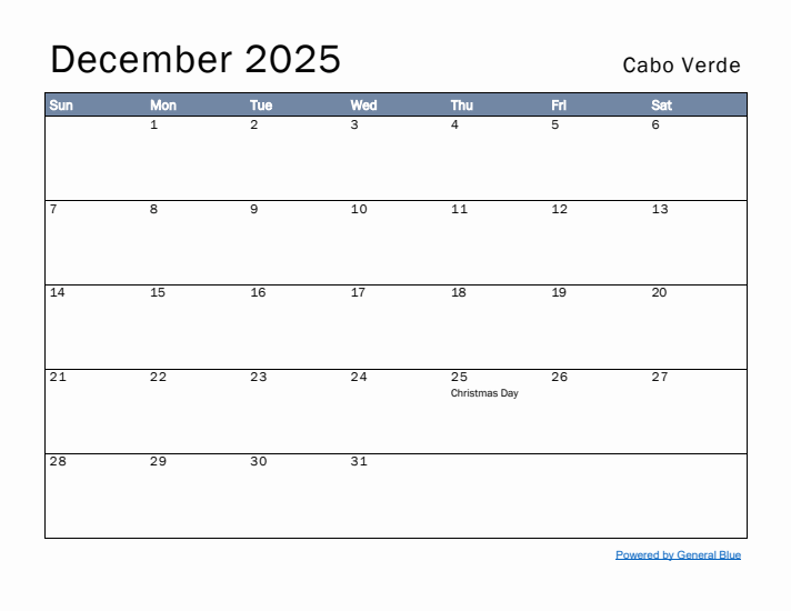 December 2025 Simple Monthly Calendar for Cabo Verde