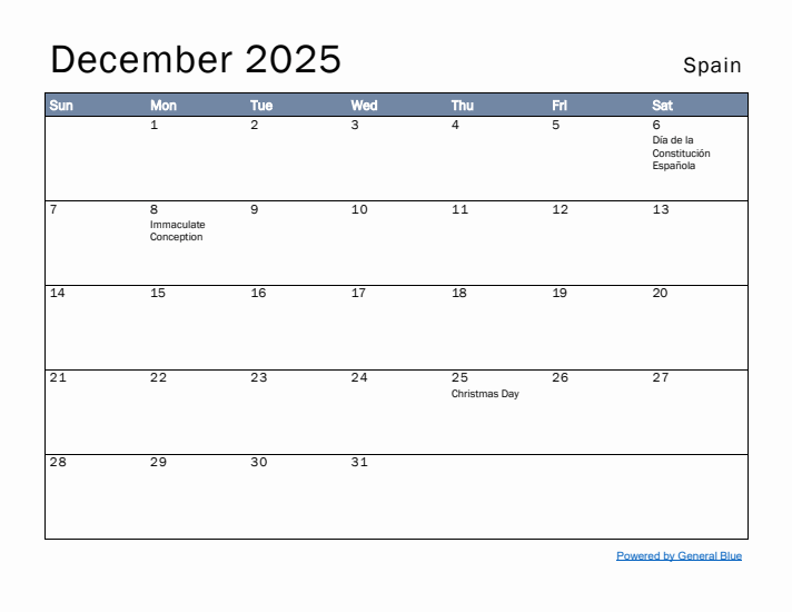 December 2025 Simple Monthly Calendar for Spain