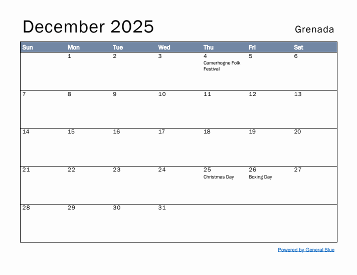 December 2025 Simple Monthly Calendar for Grenada