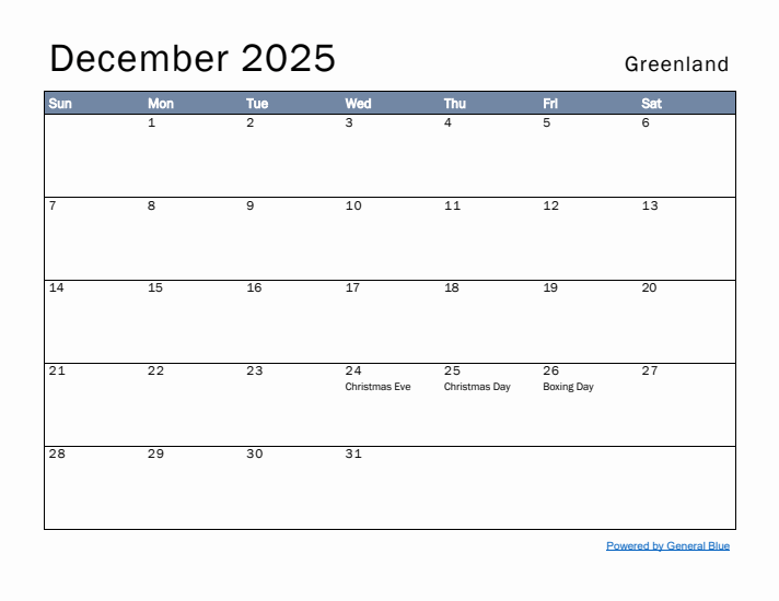 December 2025 Simple Monthly Calendar for Greenland