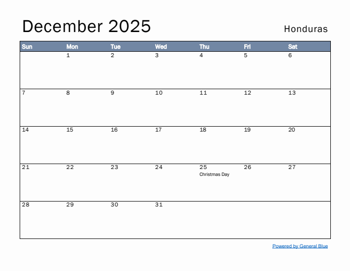 December 2025 Simple Monthly Calendar for Honduras