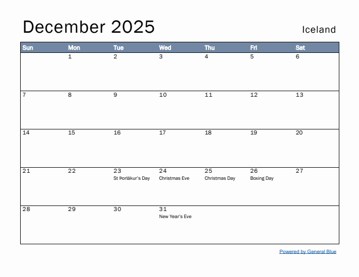 December 2025 Simple Monthly Calendar for Iceland