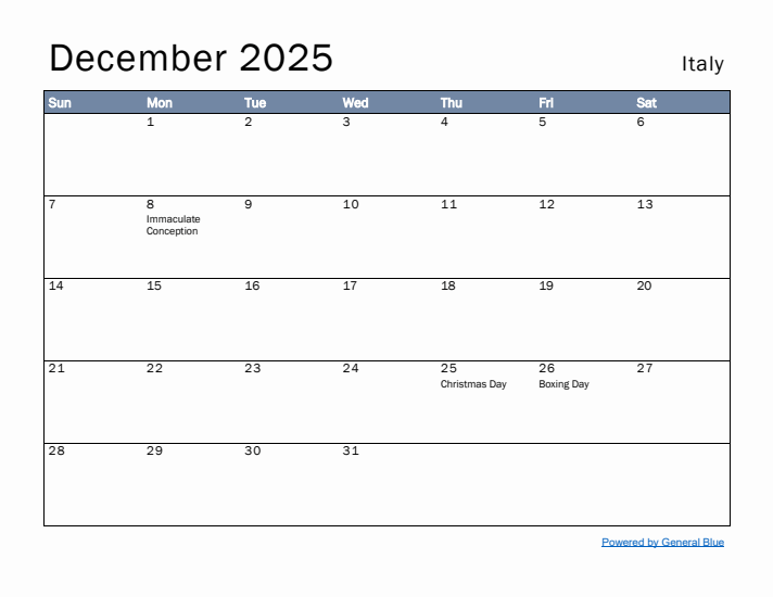 December 2025 Simple Monthly Calendar for Italy