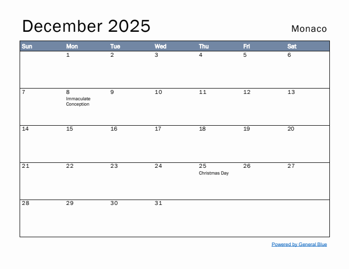 December 2025 Simple Monthly Calendar for Monaco