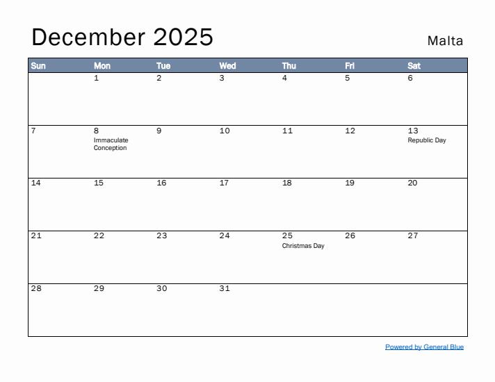 December 2025 Simple Monthly Calendar for Malta