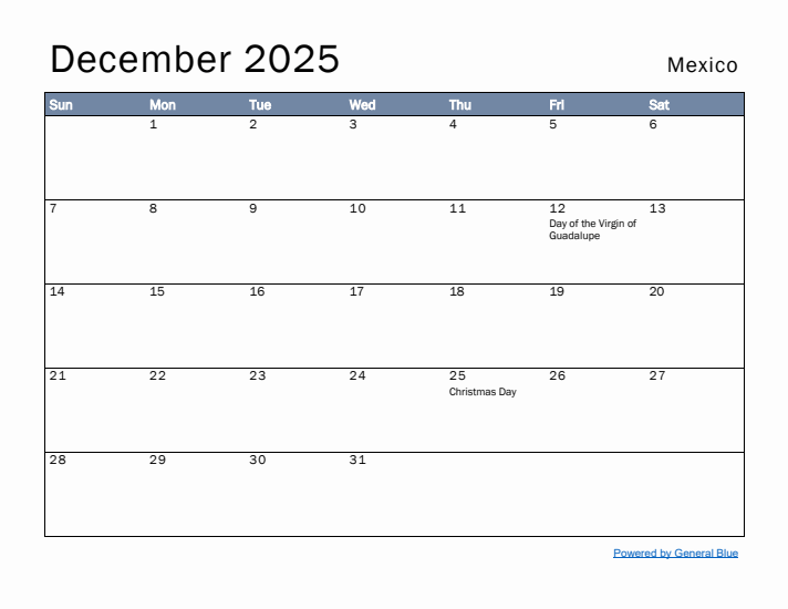 December 2025 Simple Monthly Calendar for Mexico