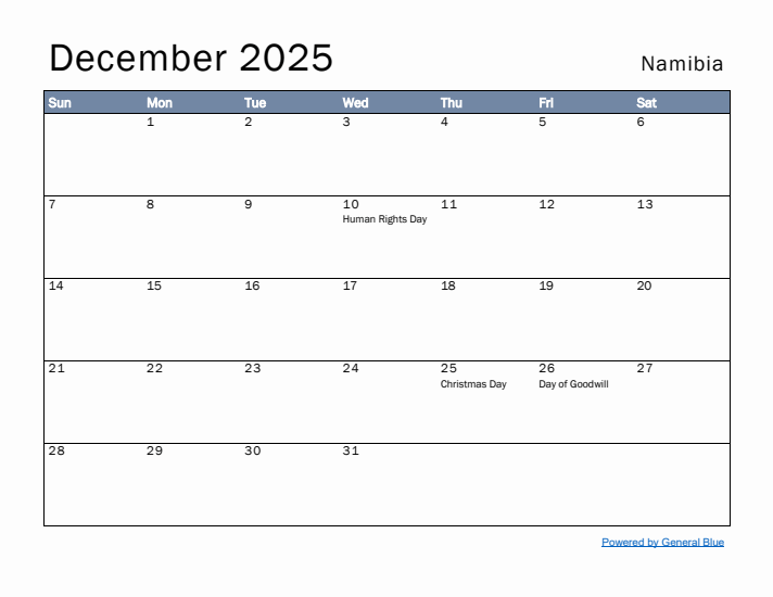 December 2025 Simple Monthly Calendar for Namibia