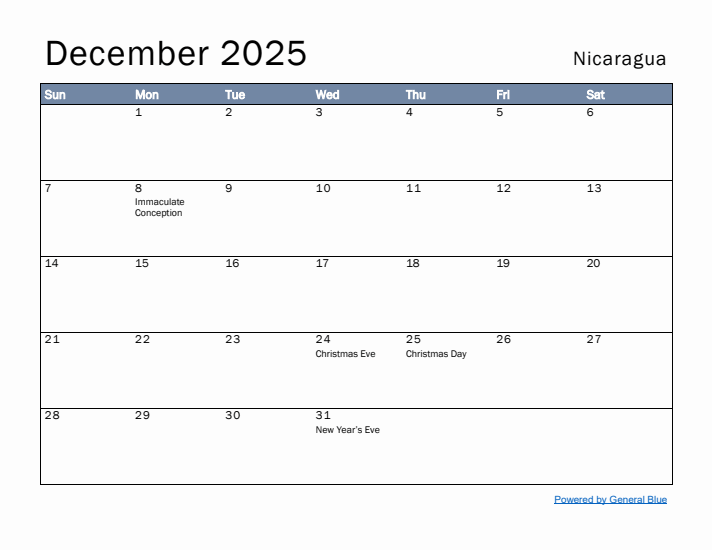 December 2025 Simple Monthly Calendar for Nicaragua