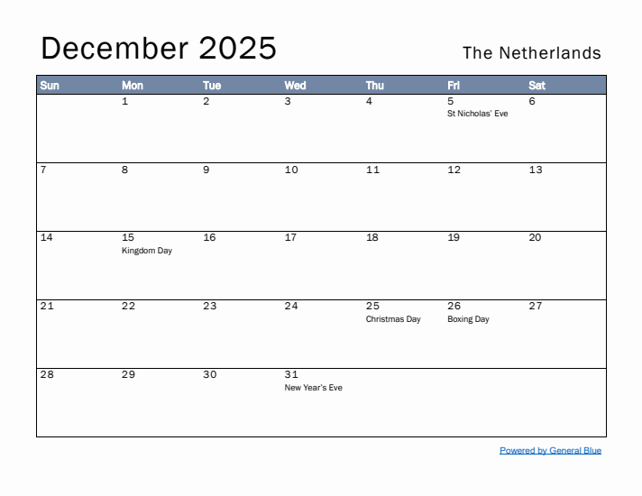 December 2025 Simple Monthly Calendar for The Netherlands