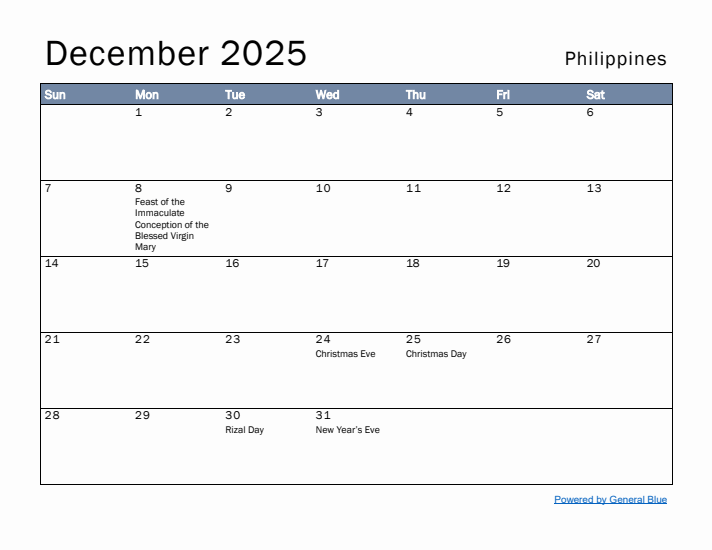 December 2025 Simple Monthly Calendar for Philippines