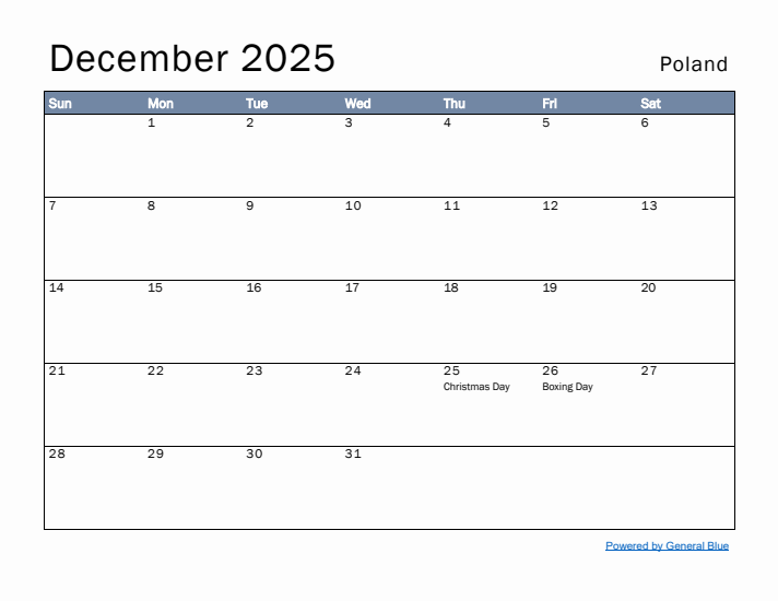 December 2025 Simple Monthly Calendar for Poland