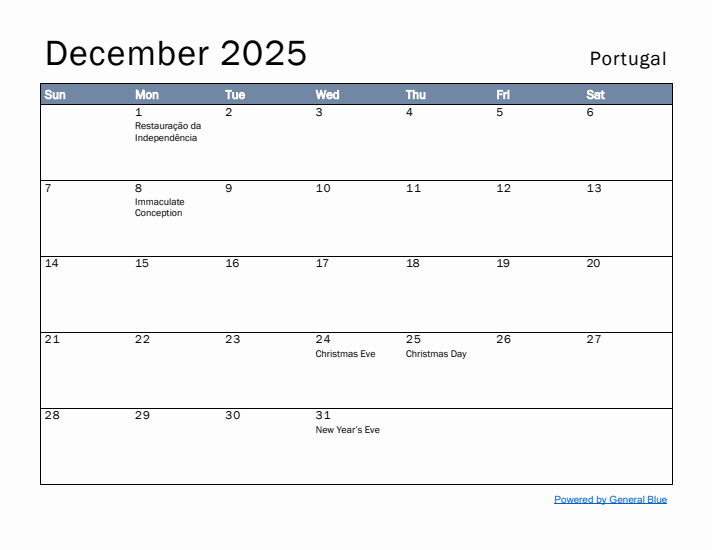 December 2025 Simple Monthly Calendar for Portugal