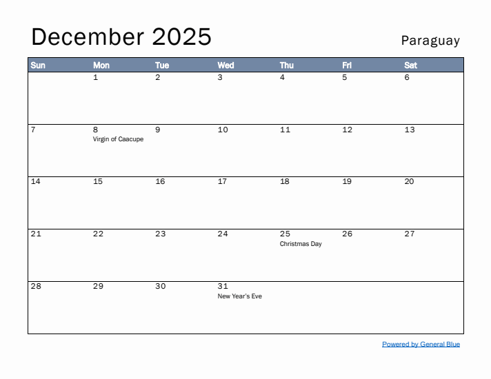 December 2025 Simple Monthly Calendar for Paraguay