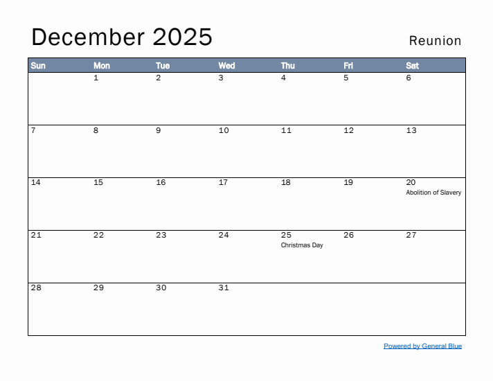 December 2025 Simple Monthly Calendar for Reunion